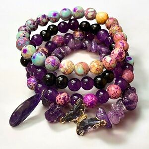 Amethyst butterfly stretch bracelet set, 4 matching pieces